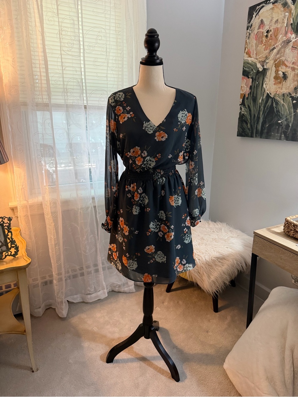 LOFT Blue Floral V-Neck Long Sleeve Dress